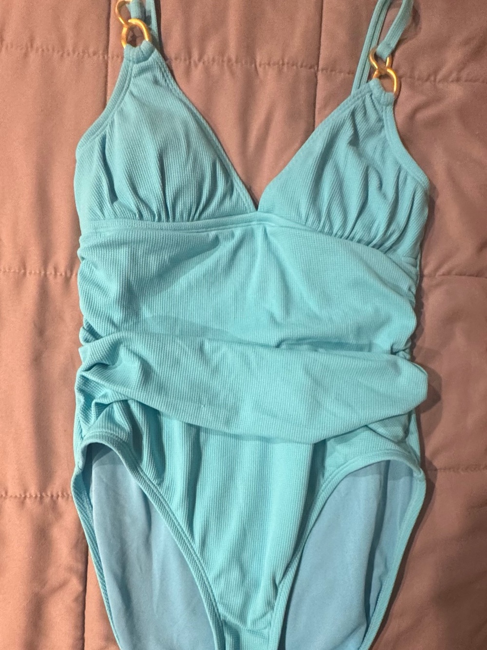 Bleu Rod Beattie Aqua One-Piece Swimsuit with Gold Ring Accents
